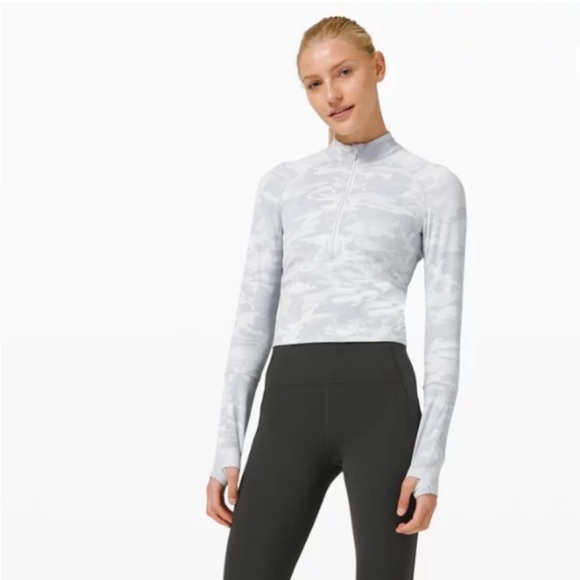 Lululemon Pace Pursuit Long Sleeve Alpine White Starlight Camo Gray Cropped 12 - Picture 1 of 6